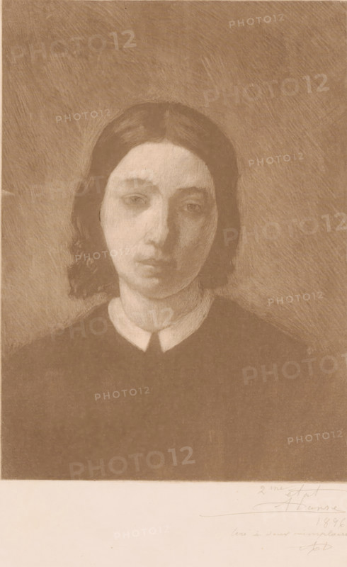 Portrait of Adèle Meunier-Danse, wife of the artist, Portrait de ma femme, print, watermark: 'MBM', annotation: '2me état, tiré à deux exemplaires', printmaker: Auguste Danse (signed by artist), 1896, paper, etching, aquatint, height 279 mm x width 199 mm, Person, Adèle Adrienne Meunier-Danse, historical person (with NAME) - BB - woman - historical person (with NAME) depicted alone, A sepia-toned portrait of a young person with dark, chin-length hair parted in the middle, a pale oval face with soft shading, downcast eyes and a neutral mouth, wearing a dark garment with a light, rounded collar, set against a textured darker background and bordered below by a lighter blank area.