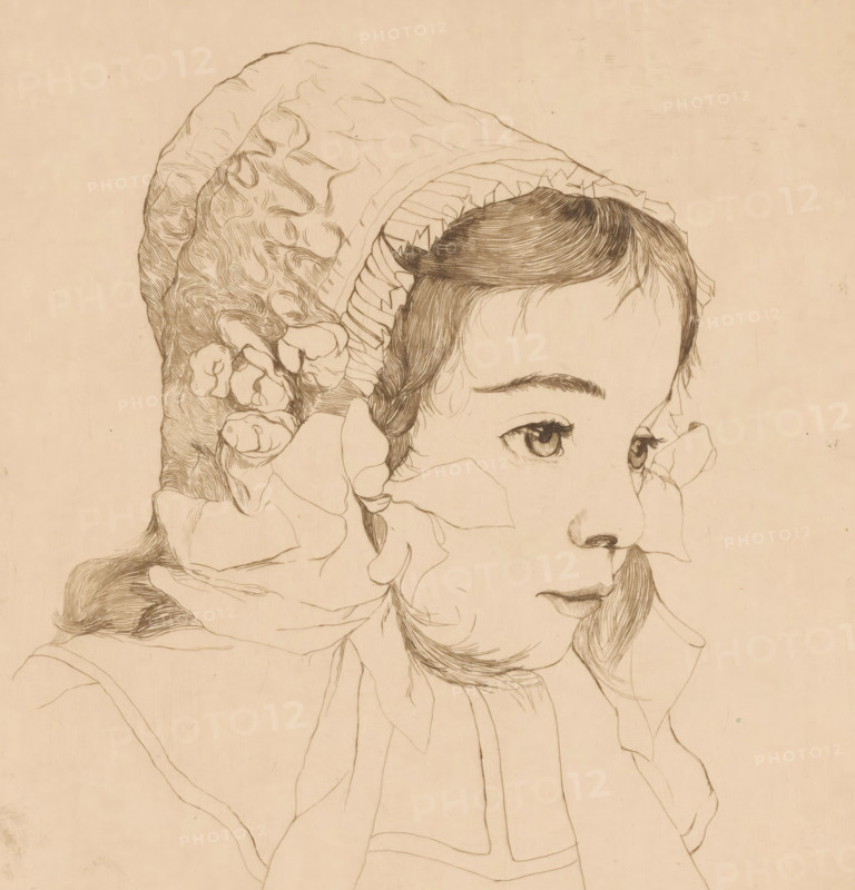 Portrait of an unknown girl, print, printmaker: Frederik Salberg (signed by artist), 1907, paper, etching, height 237 mm x width 225 mm, anonymous historical person depicted - BB - woman, A delicate pen drawing of a young person in profile wearing a textured bonnet with ruffled edges and floral-like shapes, showing finely detailed hair strands, an eyebrow, an eye with long lashes, a nose, and softly shaded lips, all on a plain light beige background.