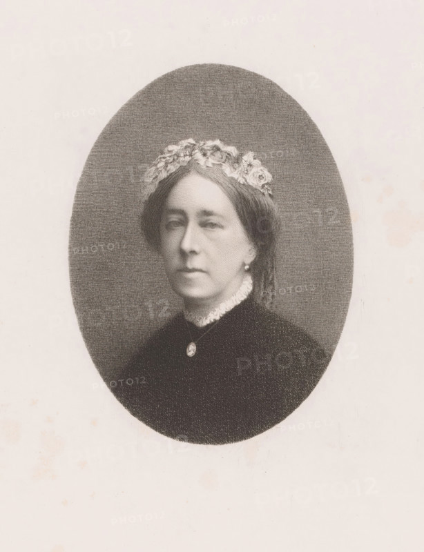 Portrait of an unknown lady, Mrs. Hardenpont, print, printmaker: Auguste Danse, 1884, paper, chine collé, etching, height 266 mm x width 195 mm, An annotation on the sheet suggests that the person depicted is Mrs. Hardenpont., anonymous historical person portrayed alone - BB - woman, A black and white oval portrait of a woman shown from the shoulders up against a textured dark background, wearing a dark high-collared dress with a ruffled lace collar and a small pendant at the throat, hair parted in the center and pulled back with a floral wreath on top, a single earring visible on one ear, neutral facial expression, and a plain light paper border surrounding the oval.