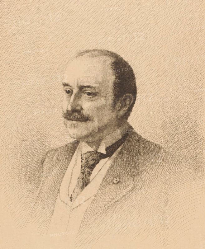 Portrait of an unknown man, Monsieur Laporte, print, annotation: '2me état 2 epreuves', printmaker: Auguste Danse (signed by artist), 1894, paper, Japanese paper (handmade paper), etching, height 397 mm x width 299 mm, anonymous historical person portrayed alone, A detailed monochrome portrait drawing of a middle-aged man shown from the chest up, facing slightly left, with a receding hairline, neatly combed dark hair, a moustache, and a thoughtful facial expression; he wears a suit jacket over a waistcoat and shirt, with a patterned tie tucked into the waistcoat and a small circular pin on his lapel; the background and shading are filled with finely hatched lines creating texture and depth.