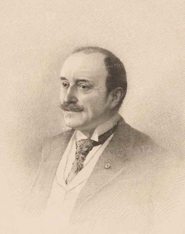 Monsieur Laporte, Portrait of an unknown man, print, annotation: '3me état', printmaker: Auguste Danse (signed by artist), 1894, paper, etching, height 397 mm x width 299 mm, anonymous historical person alone depicted, A detailed pencil portrait of a middle-aged man shown from the chest up, facing slightly to the viewer's left, with a receding hairline, neatly combed dark hair, and a trimmed mustache; he wears a suit jacket over a vest and shirt with a patterned necktie, and a small circular pin on his jacket lapel; the background is filled with fine, radiating pencil strokes.
