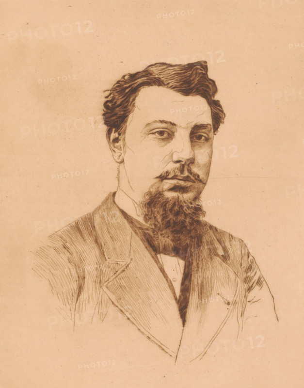 Portrait of the eldest son of Victor-Charles Mahillon, print, watermark: 'Van Gelder Zonen', annotation: '1er état, deux epreuves de cet etat', printmaker: Auguste Danse (signed by artist), 1897, paper, etching, drypoint, intaglio printmaking technique, height 248 mm x width 199 mm, historical person, - historical person, depicted alone, A sepia-toned drawn portrait of a man from the chest up, showing a head with wavy hair, a mustache, and a full beard, wearing a suit jacket with lapels and a visible shirt collar and bow, rendered with fine line work and shading on a plain background.