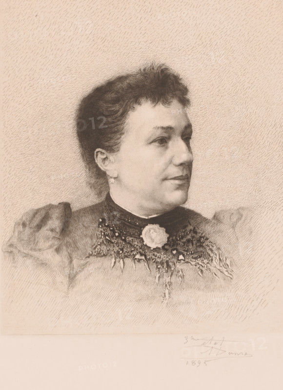 Portrait of an unknown lady, Mrs. Panilecq, print, annotation: '3rd state', annotation: 'two proofs of this state', printmaker: Auguste Danse (signed by artist), 1895, paper, chine collé, etching, drypoint, height 360 mm x width 270 mm, The name Panilecq appears in a margin annotation of an earlier state of this print., anonymous historical person portrayed alone - BB - woman, A detailed pencil portrait of a woman shown in profile facing to the right, with short wavy hair swept back from her forehead and a composed facial expression, wearing earrings and a high-necked dress with puffed sleeves and an ornate beaded or lace collar topped by a round decorative brooch; the background consists of fine cross-hatched shading and the lower margin shows a plain lighter area.