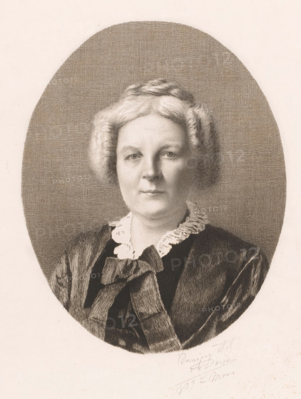 Portrait of an unknown lady, Mrs. Sainctelette, print, annotation: 'Dernier etat', printmaker: Auguste Danse (signed by artist), Mons (Belgium), 1879, paper, chine collé, etching, drypoint, height 301 mm x width 248 mm, The name Sainctelette is based on a pencil note in the lower margin of an earlier state of this print., anonymous historical person portrayed alone - BB - woman, A monochrome engraved portrait of a middle-aged person shown from the chest up inside an oval frame, with short wavy hair, a calm facial expression, a high-collared blouse with a ruffled trim, and a dark garment featuring a large bow at the neckline.