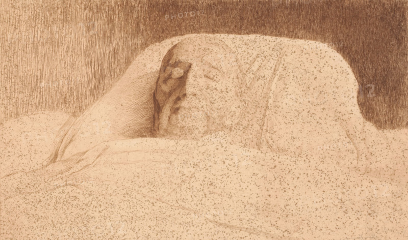 Portrait of an unknown man on his deathbed, possibly Van Volxem, print, annotation: '2nd floor', printmaker: Auguste Danse (signed by artist), 1897, paper, etching, intaglio printmaking technique, height 258 mm x width 359 mm, death in old age, A sepia-toned drawing showing a reclining figure covered by a speckled blanket or drapery, with a visible head turned to the side and long hair falling over the shoulder; the face is rendered with soft shading and closed eyes, the body lines beneath the covering are suggested by fine hatch marks and contours, and the background is filled with dense vertical strokes creating a textured contrast to the more sparsely dotted foreground.