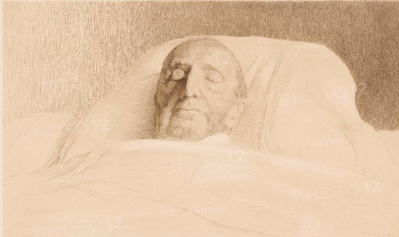 Portrait of an unknown man on his deathbed, possibly Van Volxem, print, annotation: '3eme etat, deux epreuves', printmaker: Auguste Danse (signed by artist), 1897, paper, etching, intaglio printmaking technique, height 258 mm x width 359 mm, death in old age, A sepia-toned drawing showing a head resting on a pillow with closed eyes and relaxed facial features, the face shaded with darker pencil strokes on one side, the pillow and surrounding fabric rendered with fine lines and soft shading, and a textured vertical-lined background behind the pillow.