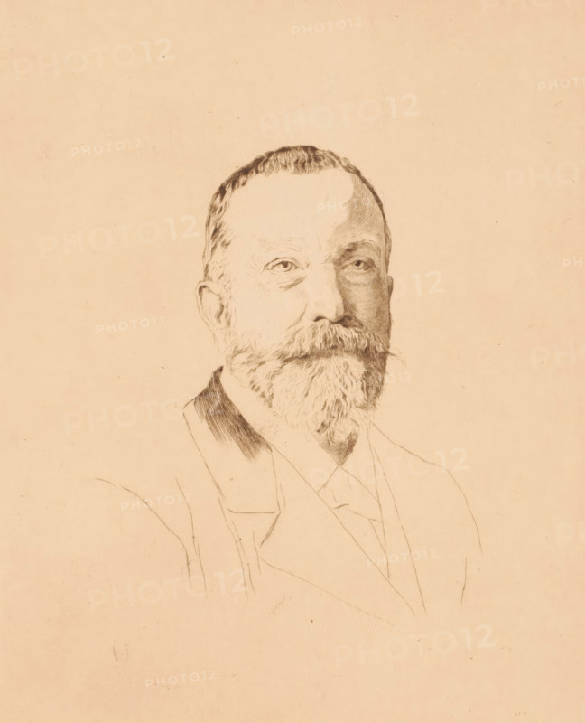 Portrait of an unknown man, possibly the Parisian engineer Wittman, print, annotation: '1er etat, deux exemplaires de cet etat', watermark: 'French lily in a coat of arms above monogram VGZ', printmaker: Auguste Danse (signed by artist), 1897, paper, etching, drypoint, height 278 mm x width 201 mm, anonymous historical person portrayed alone, A sepia-toned pencil sketch of an older man shown from the chest up, featuring a high forehead with short hair, detailed eyes, a full mustache and long beard, one ear visible, and partial outlines of a suit jacket and collar.