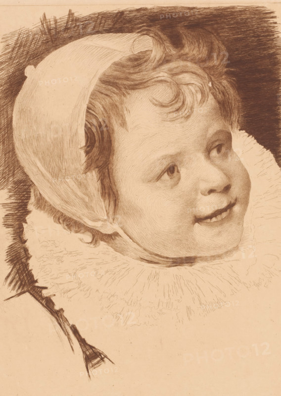 Portrait of Johannes-Baptist de Vos, print, annotation: '3 etat, deux épreuves', printmaker: Auguste Danse (signed by artist), after painting by Cornelis de Vos, 1891, paper, etching, drypoint, height 357 mm x width 266 mm, Person, Johannes-Baptist Vos, boy (child between toddler and youth), A close-up sepia-toned drawing of a smiling child's face wearing a soft cap and a ruffled collar, showing curly hair peeking from beneath the cap, detailed line work on the skin and hair, a turned gaze, visible eyes and teeth, and textured shading in the background.