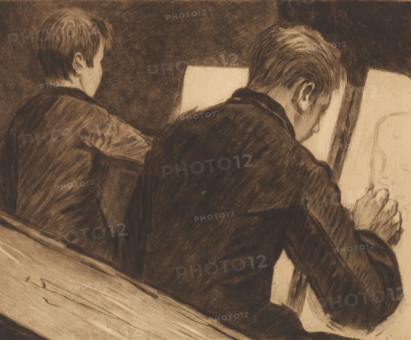 Two students in the drawing school, print, annotation: 'd'après nature 2me etat, tirer a trois épreuves de c'est etat', printmaker: Auguste Danse (signed by artist), 1895, paper, etching, drypoint, intaglio printmaking technique, height 210 mm x width 298 mm, drawing lesson, Two people seen from behind sit close together, both with short hair and wearing dark jackets, one on the left with a slightly turned head and the other on the right leaning forward over a drawing surface; the right figure holds a pencil or drawing tool and faces a sketch of a head on a pad or easel, with a wooden bench or plank visible in the foreground and dense crosshatched shading filling the background.