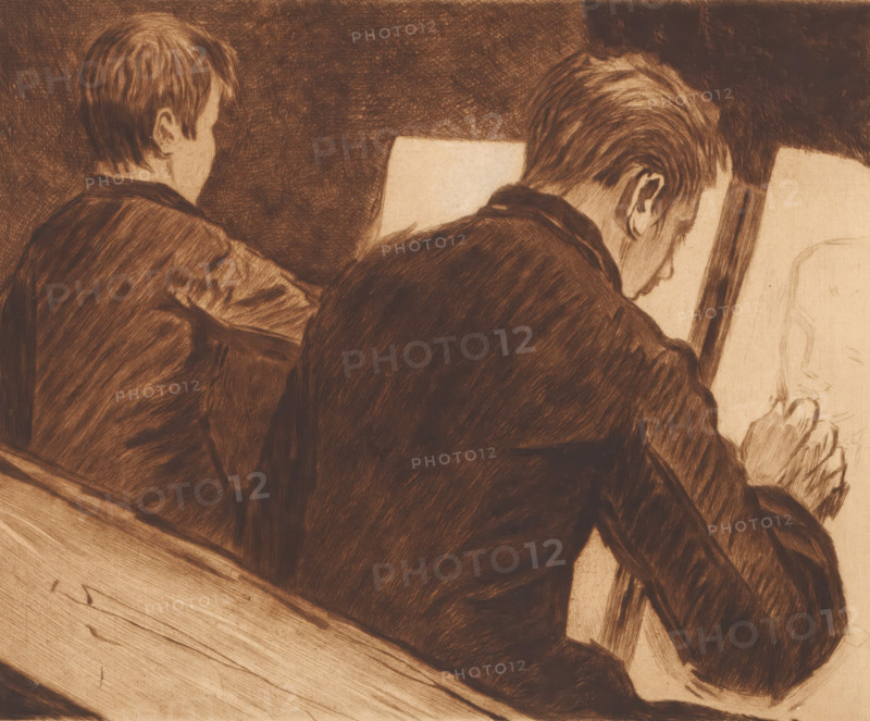 Two pupils in the drawing school, print, annotation: 'épreuve unique 1er etat d'apres nature', printmaker: Auguste Danse (signed by artist), 1895, Auguste Danse, printmaker, paper, etching, drypoint, intaglio printmaking technique, etching and drypoint with plate tone, printed with brown ink, height 210 mm x width 298 mm, drawing-lesson, A sepia-toned drawing of two seated figures shown from behind and in profile, both with short hair and wearing dark jackets, one figure is closer to the viewer leaning forward with head bowed and hands held near a sheet or sketchpad while the other sits slightly turned away, a light rectangular surface positioned between them, and textured crosshatched shading filling the background and garments.