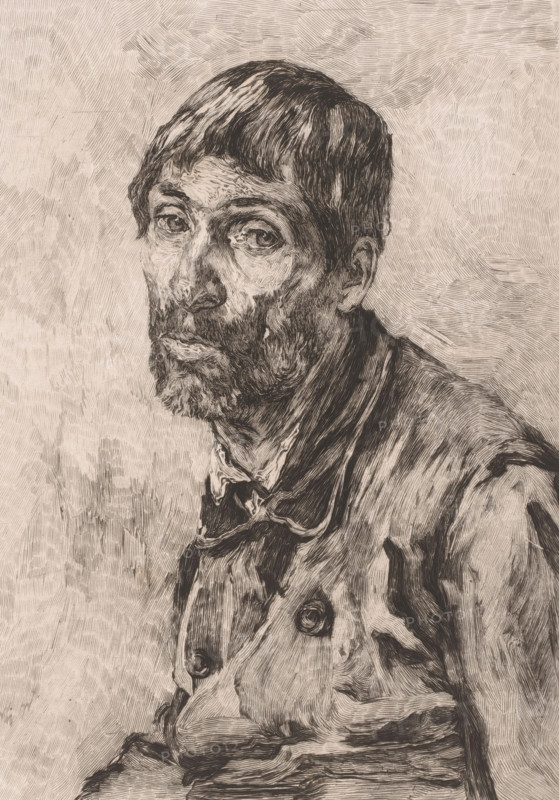 Beggar, print, annotation: '1er etat', printmaker: Auguste Danse (signed by artist), after design by Emile Charles Wauters, 1884, paper, etching, intaglio printmaking technique, height 320 mm x width 234 mm, A monochrome ink-style portrait of a man shown from the chest up, facing slightly to the viewer's left, with short hair and a full beard rendered in dense, directional lines; his eyes have a focused, somewhat weary expression, his nose is prominent, and his lips are closed; he wears a collared shirt and a buttoned coat with visible large buttons and textured folds; the background is filled with fine, hatched lines creating a textured, neutral field around the figure.
