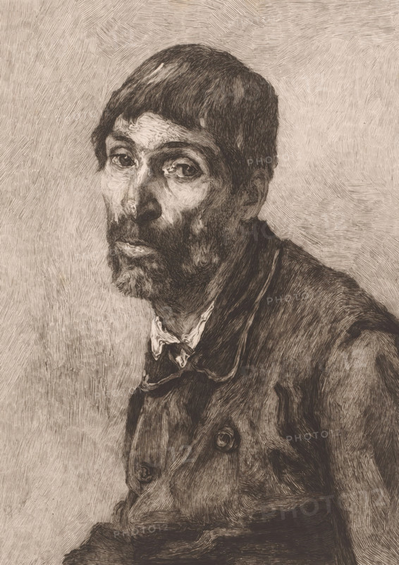 Beggar, print, annotation: '2me etat', printmaker: Auguste Danse (signed by artist), after design by Emile Charles Wauters, 1884, paper, etching, intaglio printmaking technique, height 320 mm x width 234 mm, A monochrome etched portrait of a man shown from the chest up, turned slightly to one side with his head tilted toward the viewer, featuring short dark hair and a beard rendered in dense, fine lines; his eyes look outward with detailed shading around the eyelids and cheekbones, and his nose and lips are textured with crosshatched strokes; he wears a collared garment with visible buttons and layered fabric folds, all depicted with intricate parallel and curving lines, set against a textured background of short, directional hatch marks.