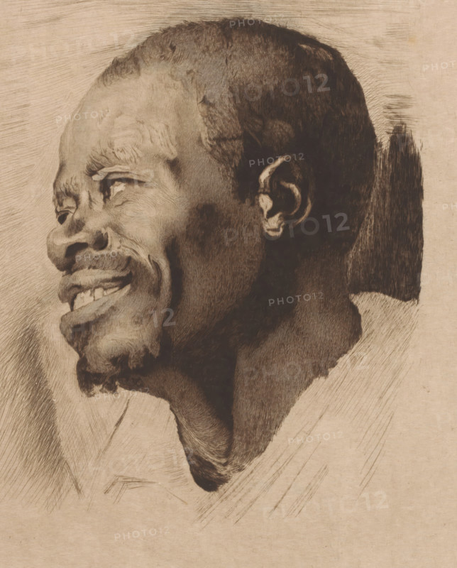 Head of a Black Man (former title), Portrait of an Unknown Man, print, annotation: '2nd State 4 proofs', printmaker: Auguste Danse (signed by artist), after design by Anthony van Dyck, 1890, paper, etching, drypoint, intaglio printmaking technique, height 353 mm x width 261 mm, Africans, persons of African origin, A detailed sepia-toned drawing of a man's head in profile facing left, showing textured short hair, a prominent ear, closed eyes, and pronounced facial features including a broad nose, full lips parted to reveal teeth, a mustache, and a small beard on the chin, with visible skin creases and shading lines across the forehead, cheeks, and neck, and hatched background strokes surrounding the head.