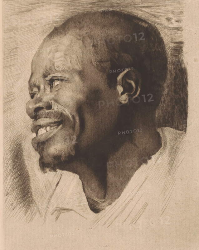 Portrait of an unknown man, Head of a black man (former title), print, annotation: '3rd state', printmaker: Auguste Danse (signed by artist), designer: Anthony van Dyck, 1890, paper, etching, drypoint, intaglio printmaking technique, height 353 mm x width 261 mm, Africans, persons of African origin, A close-up sepia-toned drawing of a man's head in profile turned slightly upward, showing textured short hair, a visible ear, pronounced cheekbones, a broad nose, parted lips with visible teeth, a small mustache and goatee, deep facial contours and wrinkles, and a garment draped around the neck and shoulder, rendered with crosshatched shading and pencil-like strokes on a plain paper background.
