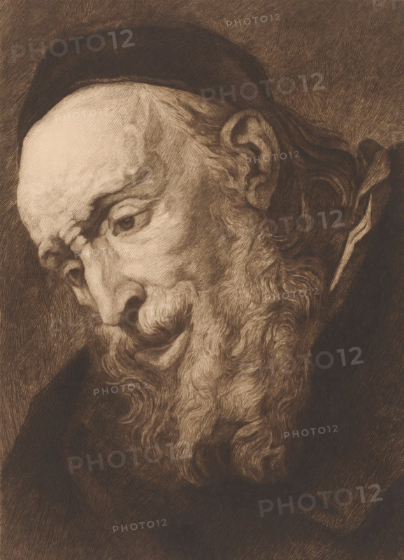 Head of a bearded old man looking down, print, annotation: '3eme etat, trois epreuves', printmaker: Auguste Danse (signed by artist), after design by Jacques Jordaens, 1897, paper, etching, drypoint, intaglio printmaking technique, height 364 mm x width 270 mm, old man, A close-up monochromatic drawing of an elderly man shown in three-quarter profile, his head tilted downward and to the side, featuring a high forehead with thinning hair, a deeply lined face, a pronounced nose, and a contemplative eye; he has a long, curly beard that flows down his chest and textured wavy hair at the back of his head, and he wears a dark cap and a dark garment visible at the shoulder against a hatched shaded background.