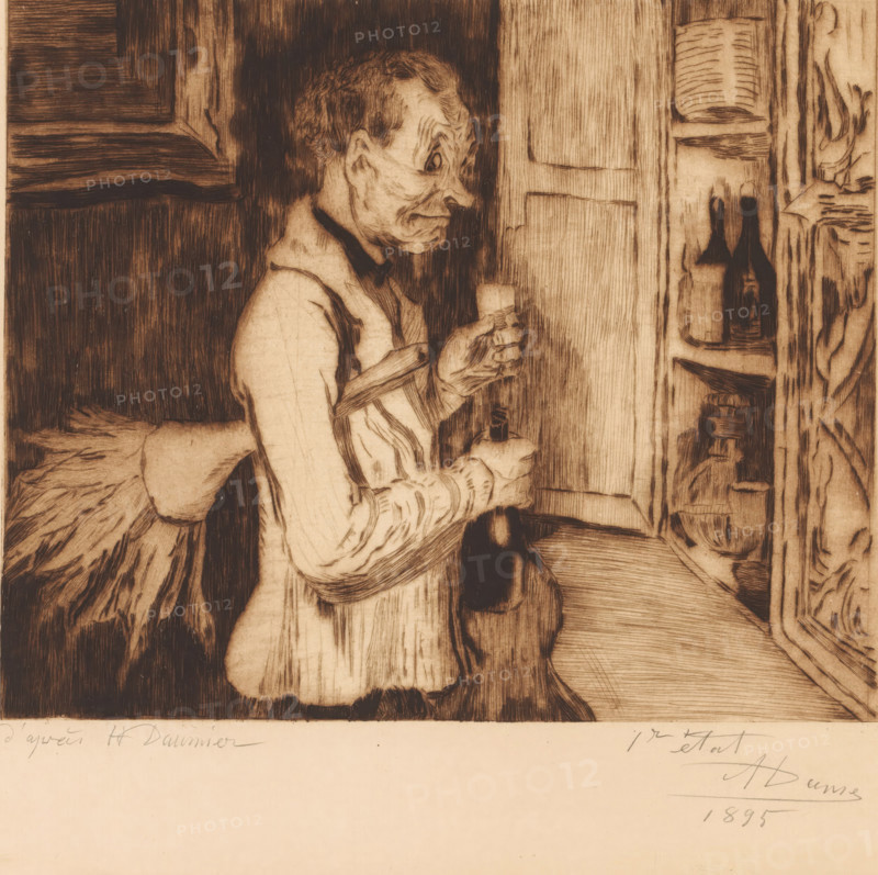 Butler with a feather duster by the drinks cabinet, print, annotation: '1er état, deux epreuves de c'est état', printmaker: Auguste Danse (signed by artist), after design by Honoré Daumier, 1895, Auguste Danse, Honoré Daumier, printmaker, after design by, paper, etching, drypoint, intaglio printmaking technique, etching and drypoint with plate tone, printed in brown, height 258 mm x width 277 mm, alcoholic drinks, taste, tasting (one of the five senses), butler, A sepia-toned etching shows an older person in profile standing inside a room, wearing a long-sleeved garment with visible folds and a dark collar, holding a small object near their face with one hand and a bottle-like object in the other; the face has pronounced lines and a furrowed expression, and short hair. To the right, a cabinet door with vertical wood grain is open, revealing shelves with tall bottle shapes and stacked items. Behind the figure, a dark textured background and a bed or cushioned surface are visible, and to...