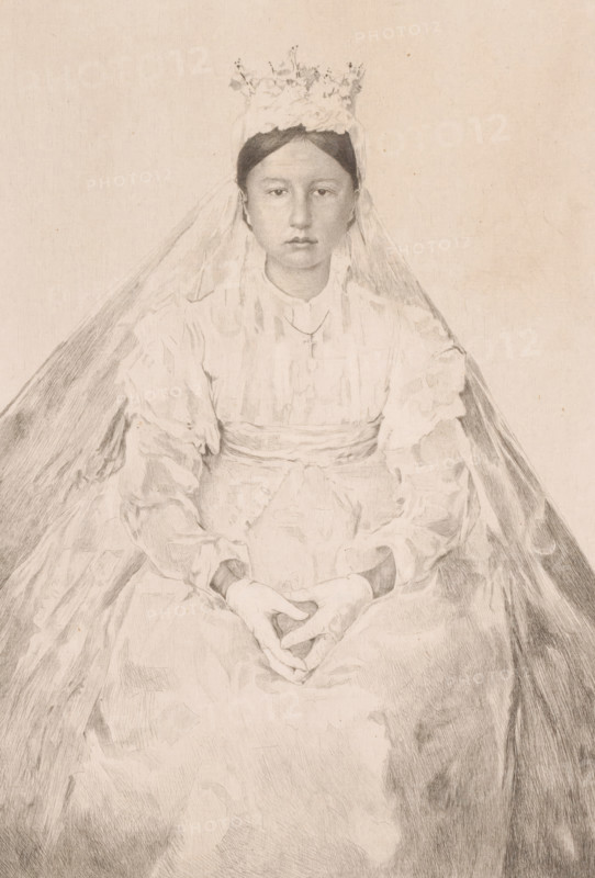 Sitting young woman in bridal dress, print, annotation: '3 epreuves, 2eme état', printmaker: Auguste Danse (signed by artist), 1879-09-15, paper, etching, intaglio printmaking technique, height 317 mm x width 228 mm, bride (in wedding-dress), A pencil drawing of a seated young person wearing a light dress with puffed sleeves and a high neckline, a veil draped over the head and shoulders, and a floral headpiece; the figure's hands rest together in the lap, and the face is shown with a neutral expression and dark hair parted in the middle, rendered in soft shading against a plain background.