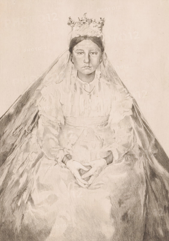 Sitting young woman in bridal attire, print, annotation: '1er état, 3 epreuves', printmaker: Auguste Danse (signed by artist), 1879, paper, etching, intaglio printmaking technique, height 317 mm x width 228 mm, dressing the bride, A pencil drawing of a seated young woman wearing a detailed dress with puffed sleeves and a high neckline, a long veil draped over her shoulders and falling to either side, and a floral crown atop her dark hair; her hands are folded in her lap and she wears gloves and a small pendant at her throat, while her face shows a neutral expression with shaded features and the background is plain.