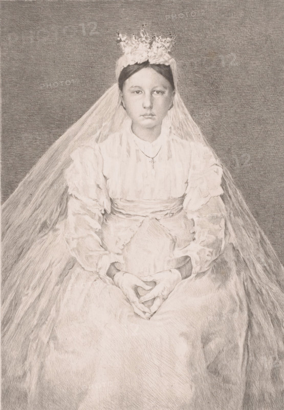 Sitting young woman in bridal attire, print, annotation: '3rd stage', printmaker: Auguste Danse (signed by artist), 1879, paper, chine collé, etching, intaglio printmaking technique, height 317 mm x width 228 mm, dressing the bride, A monochrome drawing of a seated young woman wearing a long light dress with puffed sleeves and a veil that drapes down behind her, a floral headpiece perched on top of her head, a small pendant on a thin chain at her neckline, her hands resting in her lap with fingers interlaced, a calm neutral facial expression, dark hair parted at the center and tucked behind her ears, and a textured background behind her.