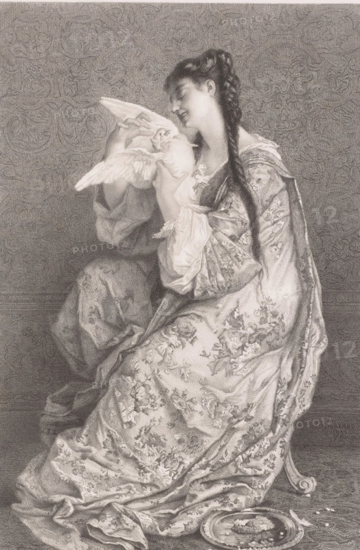 Young woman with a dove, print, annotation: 'Épreuve d'artiste', printmaker: Auguste Danse (signed by artist), Bergen (Belgium), after design by Antoine Joseph Bourlard, 1877, Auguste Danse, Antoine Joseph Bourlard, printmaker, after design by, paper, chine collé, etching, height 466 mm x width 341 mm, adolescent, young woman, maiden, doves, pigeons, A seated woman with long braided hair wears a patterned flowing dress and holds a bird close to her face, cradling it with both hands; the bird's wings are partially extended. Her head is tilted toward the bird and her eyes are closed. The fabric of her dress and shawl shows floral designs and detailed folds, pooling around her on the seat and floor. Behind her is a textured decorative wall covering with repeating motifs. Near the base of the drapery on the floor is a shallow dish with small scattered items beside it.