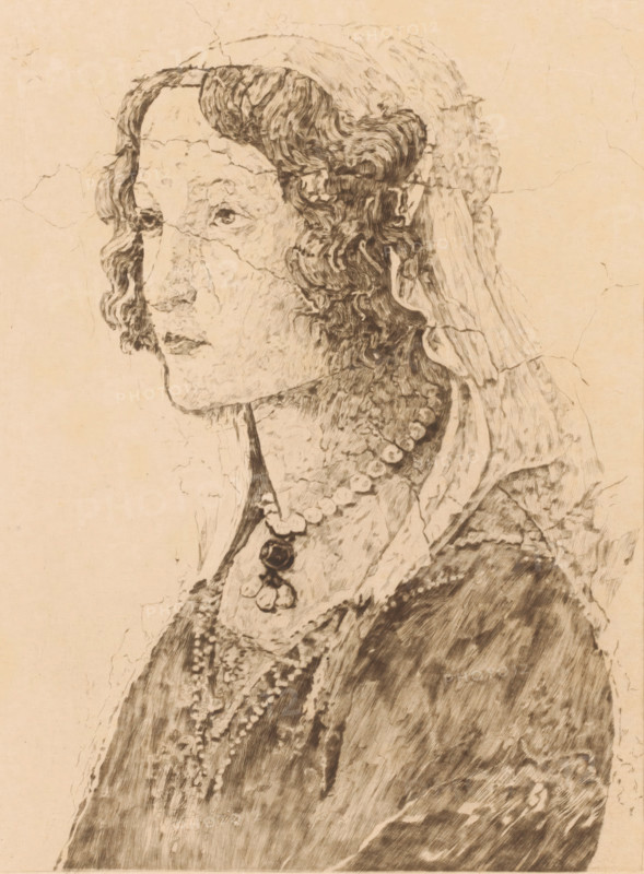 Detail from a fresco by Botticelli, face of a young woman, print, annotation: '1er etat, 3 epreuves de c'est état', printmaker: Auguste Danse (signed by artist), after design by Sandro Botticelli, 1895, Auguste Danse, Sandro Botticelli, printmaker, after design by, paper, etching, drypoint, height 362 mm x width 270 mm, The right figure from the fresco 'Venus and the Three Graces Offering Gifts to a Young Lady'., adolescent, young woman, maiden, A sepia-toned pencil or ink portrait of a woman in profile facing left, showing her head, neck, and upper torso; she has wavy hair styled with curls framing her face and a veil or headdress falling behind her head; her facial features include a straight nose, visible eye with a calm expression, and closed lips; she wears layered necklaces including a beaded strand and a pendant, and a garment with a high neckline and textured fabric; the image surface shows visible cracks and paper texture throughout.