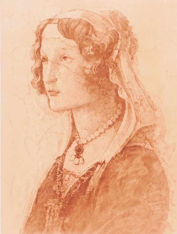 Detail from a fresco by Botticelli, face of a young woman, print, annotation: 'dernier etat', printmaker: Auguste Danse (signed by artist), after design by Sandro Botticelli, 1897, paper, chine collé, etching, drypoint, intaglio printmaking technique, etching and drypoint with plate tone, printed in red-brown, height 362 mm x width 270 mm, 10-20 years, A sepia-toned drawing of a woman in profile facing left, showing her head and upper torso, with wavy hair partially covered by a veil and a headdress, visible facial features including eyes, nose, and closed lips, and delicate shading suggesting contours and cracks across the surface; she wears a beaded necklace with a pendant and layered garments with textured patterns and additional strands of beads, all rendered with fine hatching and soft tonal variations.