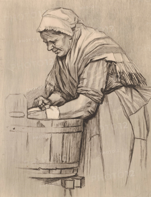 Woman by a washbasin, print, annotation: '2nd state', printmaker: Auguste Danse (signed by artist), 1882, paper, etching, drypoint, intaglio printmaking technique, height 318 mm x width 247 mm, laundering, A monochrome line drawing of an older woman leaning forward over a wooden barrel, wearing a headscarf with a ruffled edge and a shawl draped over her shoulders; her face is shown in profile with downcast eyes and visible facial lines, her sleeves are rolled and one forearm rests on the barrel while her hands press against a cloth or object on the barrel's rim; the barrel shows visible staves and hoops, and the woman's clothing has detailed folds and parallel hatch shading throughout the composition.