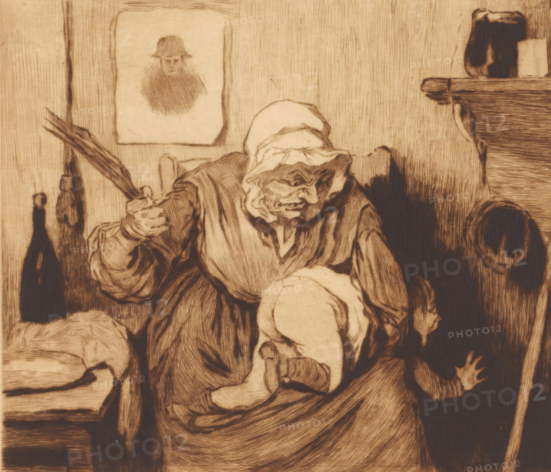Child spanked by an old woman, print, annotation: '3rd state, two proofs', printmaker: Auguste Danse (signed by artist), after design by Honoré Daumier, 1896, paper, etching, drypoint, intaglio printmaking technique, etching and drypoint with plate tone, printed in brown, height 458 mm x width 272 mm, feeling (one of the five senses), spanking, drubbing (of naughty children), An etched scene shows an older woman with a headscarf and heavy folds of clothing seated and holding a bundle while a smaller figure faces her with an outstretched hand; the older woman's face is heavily lined with a pronounced nose and grimacing mouth, and she grips a bunch of long stalks in one hand; the room has vertical wood-grain walls, a framed portrait of a person wearing a hat on the wall behind them, shelves with rounded objects and a bottle-like shape in the background, and shadowed areas creating strong contrast across the figures and furnishings.