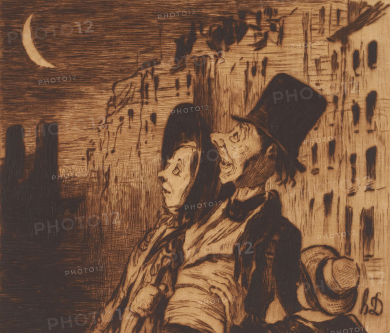 Family looking up at the crescent moon, print, annotation: '3me état, deux epreuves', printmaker: Auguste Danse (signed by artist), after design by Honoré Daumier, 1896, paper, Japanese paper (handmade paper), etching, drypoint, intaglio printmaking technique, height 257 mm x width 274 mm, family life, sight, looking (one of the five senses), waning moon, ie facing this way (, A sepia-toned illustration shows two figures in profile looking upward toward a crescent moon in a textured sky; the nearer figure is a man wearing a tall hat and a bow tie with visible facial wrinkles and an open mouth, and the other is a woman with long hair and a solemn expression; both figures wear layered clothing with visible folds and decorative elements, and a second hat rests near the woman's shoulder; the background includes rough vertical and horizontal strokes suggesting a wall or cityscape and dark vertical shapes on the left.