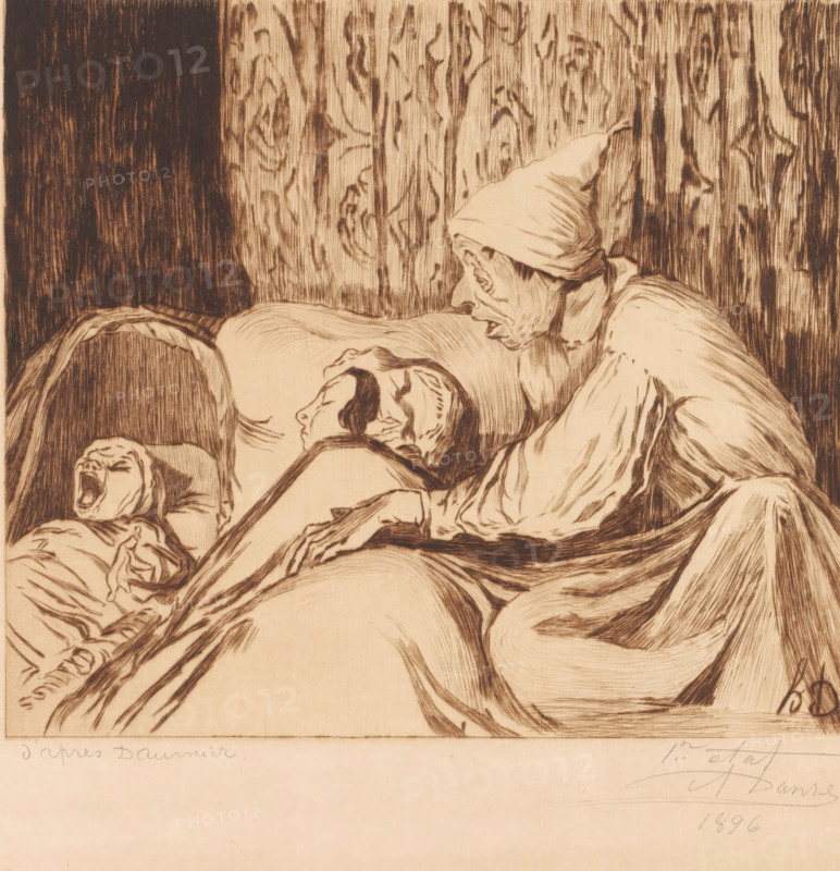 Baby in bed with parents, father cries awake, print, annotation: '1er etat, deux epreuves', printmaker: Auguste Danse (signed by artist), after design by Honoré Daumier, 1896, paper, etching, drypoint, intaglio printmaking technique, etching and drypoint with plate tone, printed in brown, height 275 mm x width 260 mm, watching a sleeping child, hearing, listening (one of the five senses), waking up, A sepia-toned etching shows a close interior scene of three figures on a bed against a wood-grain background, with an older woman wearing a pointed cap leaning over a person lying down, her lined face turned toward them and one hand resting near the sleeper; the central reclining figure appears relaxed with eyes closed and a shawl or blanket draped over the shoulders, while another smaller figure at the foot of the bed has an open mouth and a tilted head; flowing folds of fabric and detailed cross-hatched shading define the bedding and clothing, and vertical wood-grain patterns occupy the u...