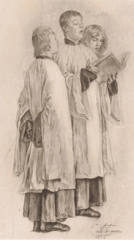 Study of three singing altar boys, print, Detail of the left side of the painting The Madness of Hugo van der Goes., annotation: '1er etat', printmaker: Auguste Danse (signed by artist), after painting by Emile Charles Wauters, 1875, paper, etching, intaglio printmaking technique, height 265 mm x width 177 mm, choir (in church), Three figures stand close together wearing long flowing robes with darker collars and cuffs, two of them holding an open book that they appear to be looking at. The central figure is taller and faces slightly toward the viewer with a partially open mouth, the figure on the right looks down at the book with a similar expression, and the figure on the left is turned in profile toward the others. The robes show detailed folds and shading, and the lower parts of the garments fall over darker skirts and visible shoes. The drawing is rendered in pencil with fine line work and tonal shading on a light background.