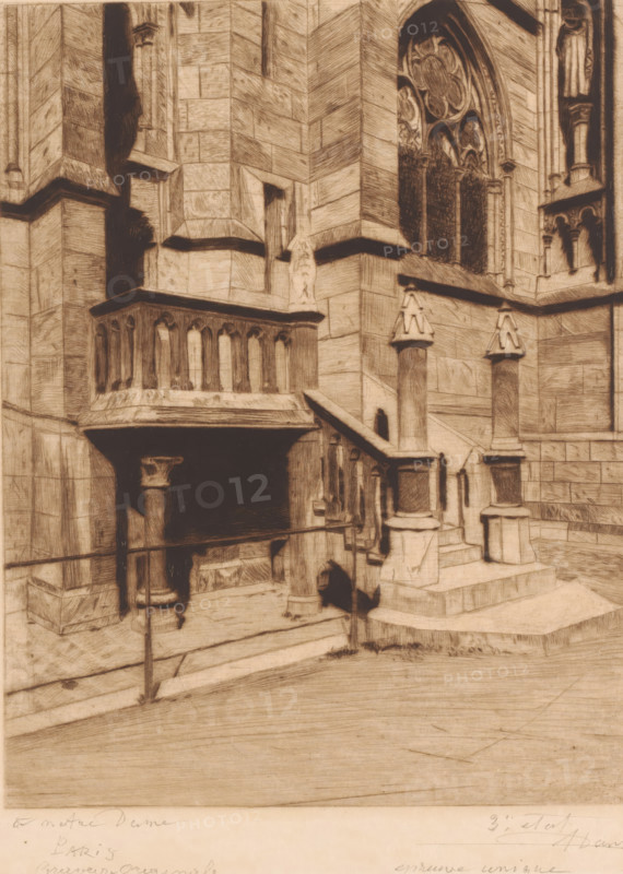 A Notre Dame Paris, Stairs on the facade of Notre-Dame in Paris, print, annotation: 'Gravure originale, 3m etat, epreuve unique', printmaker: Auguste Danse (signed by artist), 1895, paper, etching, drypoint, intaglio printmaking technique, height 307 mm x width 239 mm, church (exterior), Paris, A sepia-toned architectural scene showing a stone building facade with detailed masonry, a balustrade with arched openings, a small covered alcove supported by a column, stepped platforms, and two ornate columned pedestals topped with carved caps; an arched stained-glass window with tracery is visible in the upper right, flanked by sculpted figures set into recesses, and various shadows emphasize the carved lines and blocks of stone across the surfaces.
