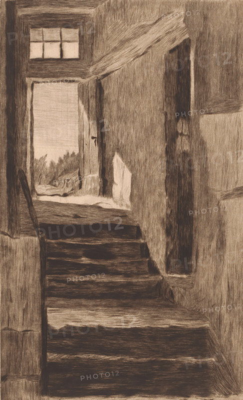 Interior with stairs to the outside door, print, annotation: '3eme etat, deux épreuves de c'est etat', printmaker: Auguste Danse (signed by artist), 1895, Auguste Danse, printmaker, paper, etching, drypoint, intaglio printmaking technique, height 365 mm x width 255mm, interior of the house, A narrow, dimly lit interior view shows a worn staircase leading upward toward an open doorway with light spilling through, a small window above the doorway, rough textured walls, and a handrail on the left side; beyond the open doorway a faint suggestion of outdoors with foliage is visible, and shadows and wood grain patterns create strong linear textures throughout the scene.
