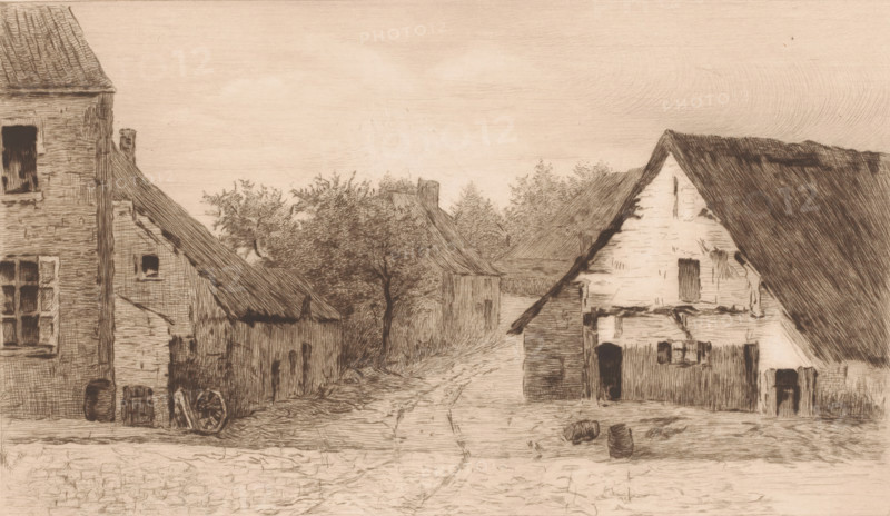Village view with thatched buildings, print, annotation: '3eme état, deux epreuves', printmaker: Auguste Danse (signed by artist), 1897, paper, etching, drypoint, intaglio printmaking technique, height 243 mm x width 416 mm, village, A sepia-toned sketch of a rustic village scene showing several thatched and tiled roof buildings flanking a narrow unpaved lane that runs toward a cluster of trees in the distance, with detailed hatching and crosshatching indicating roof texture and weathered walls; on the left a larger multi-story structure with a shuttered window and a wheel leaning against its base sits beside a smaller outbuilding, while on the right a gabled house with timber and plaster facade stands behind a low fence and near scattered barrels, and bare branches and leafy trees rise between and behind the buildings under a broad, lightly shaded sky.