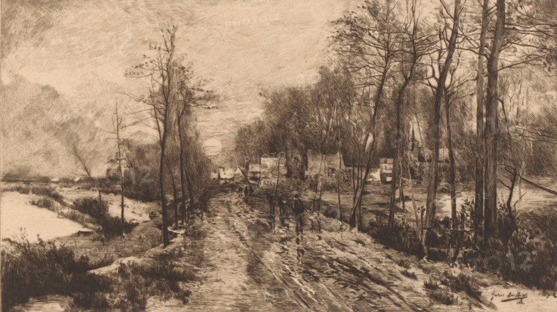 Nocturnal snow landscape with shadowy figures on the path, print, printmaker: Auguste Danse, after design by Gustave Den Duyts, 1885, paper, etching, drypoint, intaglio printmaking technique, height 259 mm x width 418 mm, full moon, night, landscape (sometimes titled 'Nox'), A sepia-toned landscape showing a muddy road flanked by bare trees and tall grasses, with a frozen or calm body of water visible to the left and more water or marsh to the right; small houses and a church with a spire sit among dense trees in the midground, and several small figures walk along the road, some accompanied by dogs; the sky is lightly textured with a low sun or bright area near the horizon, and the scene is rendered with fine cross-hatched lines and varied shading.