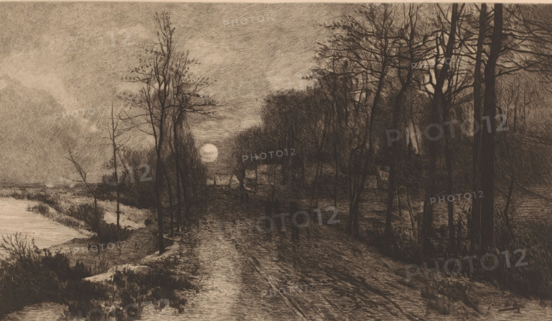 Nocturnal winter landscape with shadowy figures on the path, print, printmaker: Auguste Danse (signed by artist), after design by Gustave Den Duyts, 1885, paper, etching, drypoint, intaglio printmaking technique, height 259 mm x width 418 mm, full moon, night, landscape (sometimes titled 'Nox'), A monochrome landscape showing a dirt road flanked by bare trees that stretch upward with thin branches, a low sun near the horizon casting light between dense clusters of trees, a grouping of small buildings partially hidden by trees along the road, a figure standing on the road and another slightly further along, wet or reflective ground surfaces near a body of water at the left edge with reeds and low shrubs along its banks, textured clouds filling the sky, and long shadows and crosshatched shading throughout the scene.