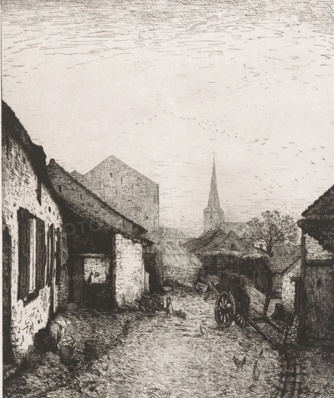 View of a yard in old Schaerbeek, print, inscription: 'Un Coin du vieux Schaerbeeke en 1871', printmaker: Jules Dieudonné, 1879, paper, chine collé, etching, intaglio printmaking technique, drypoint, plate tone and drypoint on chine collé, height 305 mm x width 265 mm, church (exterior), city-view, and landscape with man-made constructions, Schaerbeek, A narrow cobbled street runs between rows of old buildings with sloped roofs, showing rough stone and brick textures; a tilted wooden cart with large spoked wheels rests near the right foreground, and scattered birds peck on the ground; a lone figure stands further down the street near a small cart, while a person crouches by baskets near the left building; low clustered rooftops and a distant church steeple rise toward the horizon, and bare-branched trees appear near the right midground; the sky above is wide and filled with fine horizontal and wavy etched lines and small flocks of flying birds.