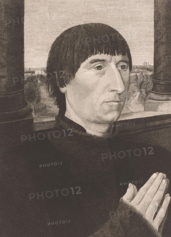 Donor portrait by Willem Moreel, print, inscription: '2 état', printmaker: Joseph Dujardin (signed by artist), after painting by Hans Memling, 1875 - 1899, paper, etching, height 275 mm x width 201 mm, Person, Willem Moreel, historical persons, adult man, hands folded, A monochrome engraved portrait of a man shown from the chest up, facing slightly to the right, with a straight-edged bowl haircut and a solemn expression; he wears a dark high-collared garment and holds his hands together in a prayer-like position near the lower right, with visible fingernails and textured sleeves; behind him are two fluted columns framing a distant landscape that includes trees, a winding path, and low buildings under a horizontally lined sky.