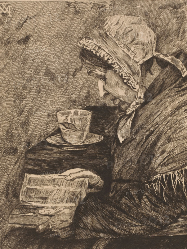 Old woman reading from a book and a teacup stands on the table, print, inscription: '1e Etat', printmaker: Joseph Dujardin (signed by artist), after design by Xavier Mellery, 1882, paper, etching, intaglio printmaking technique, etching with plate tone, height 307 mm x width 240 mm, old woman, reading, cup of tea, A monochrome etching shows an elderly person in profile wearing a bonnet with ruffled edging and a tied scarf under the chin, their head bowed toward a small table. On the table sits a cup on a saucer with a leaf-like decoration, and the person holds an open book or folded pages in their hands. The clothing appears textured and layered, with a shawl draped over the shoulders and fringe along one edge. The background is filled with closely hatched lines, and the overall image is rendered with fine, parallel etching strokes.