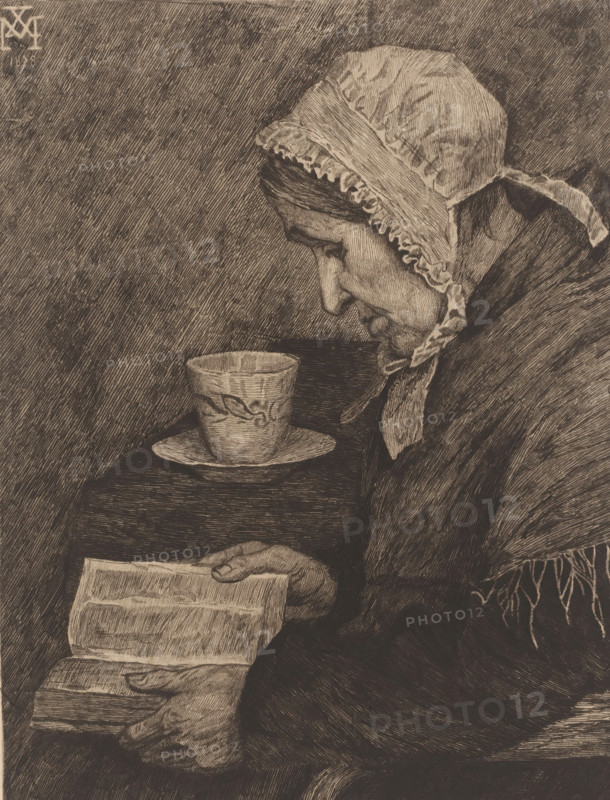 Old woman reading from a book and on the table there is a tea cup, print, inscription: '4 ieme Etat, 1e prize au concours d'aquafortiste journal ...', print maker: Joseph Dujardin (signed by artist), after design by Xavier Mellery, 1882, Joseph Dujardin, Xavier Mellery, printmaker, after design by, paper, chine collé, etching, intaglio printmaking technique, etching with plate tone on chine collé, height 310 mm x width 238 mm, old woman, reading, cup of tea, A monochrome drawing of an elderly woman in profile wearing a frilled bonnet and a shawl, her face shown with lined features and a downcast expression as she looks toward a cup on a saucer placed on a surface beside her; her hands hold an open book with visible pages and another closed book beneath, and the background is filled with closely hatched lines.