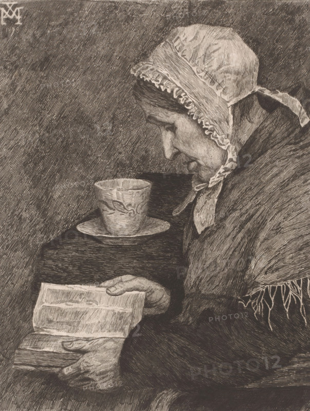 Old woman reading from a book and a teacup stands on the table, print, printmaker: Joseph Dujardin, after design by Xavier Mellery, 1882, paper, etching, intaglio printmaking technique, etching with plate tone, height 310 mm x width 240 mm, old woman, reading, cup of tea, An elderly woman in profile wears a bonnet with a ruffled edge and a tied ribbon under her chin, her face shown with detailed lines and a downturned expression as she looks toward a cup on a saucer resting on a table; she holds an open book in her hands and is draped in a shawl with fringed edges, all rendered in fine crosshatched strokes against a textured background.