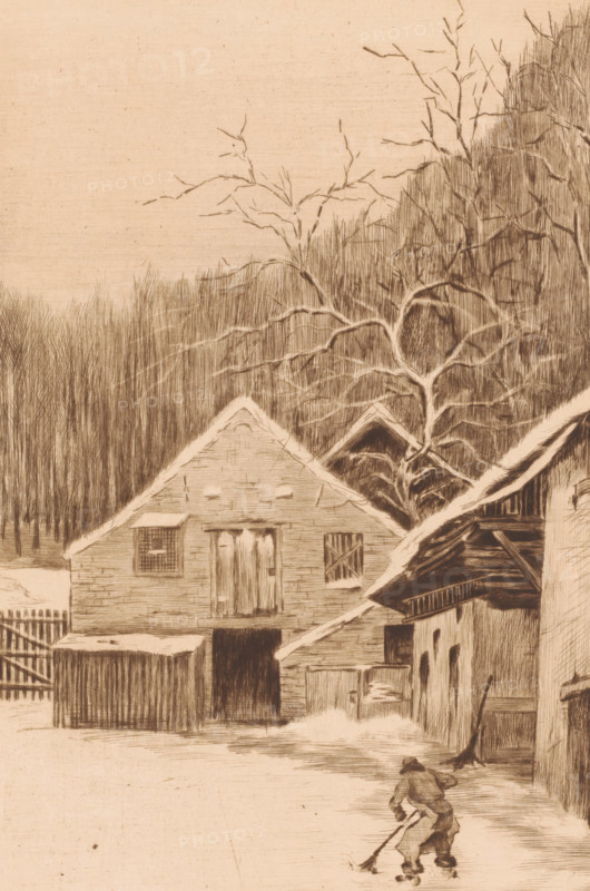 View of a farmhouse near Uccle, print, A figure sweeps the yard., inscription: '2 etat, à Uccle au Cornet, 2 epreuves du c'est etat', printmaker: Joseph Dujardin (signed by artist), 1895, Joseph Dujardin, printmaker, paper, etching, drypoint, intaglio printmaking technique, plate tone and drypoint, height 370 mm x width 260 mm, farm or solitary house in landscape, Uccle, A sepia-toned sketch shows a rural scene with a peaked-roof barn front and adjacent wooden buildings, timber siding and shuttered windows, and a fenced area to the left; bare trees with intricate branches rise behind the structures against a densely hatched background of trees, and a snow-covered roofline cuts diagonally across the right side; in the foreground a figure wearing winter clothing pushes a broom or shovel across a snow-covered ground.