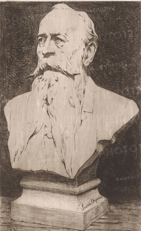 Bust of an unknown man with a long beard and a mustache, print, mark: '... 22', printmaker: Josué Dupon, 1874 - 1909, paper, etching, intaglio printmaking technique, etching with plate tone, height 355 mm x width 225 mm, piece of sculpture, reproduction of a piece of sculpture, adult man, beard, A monochrome etched bust of an older man with a long flowing beard and a large mustache sits on a rectangular plinth, the head turned slightly to one side with deep-set eyes and pronounced facial lines, rendered with fine crosshatching and textured strokes against a dark hatched background, the shoulders and upper chest visible and the beard cascading down over the front of the pedestal.