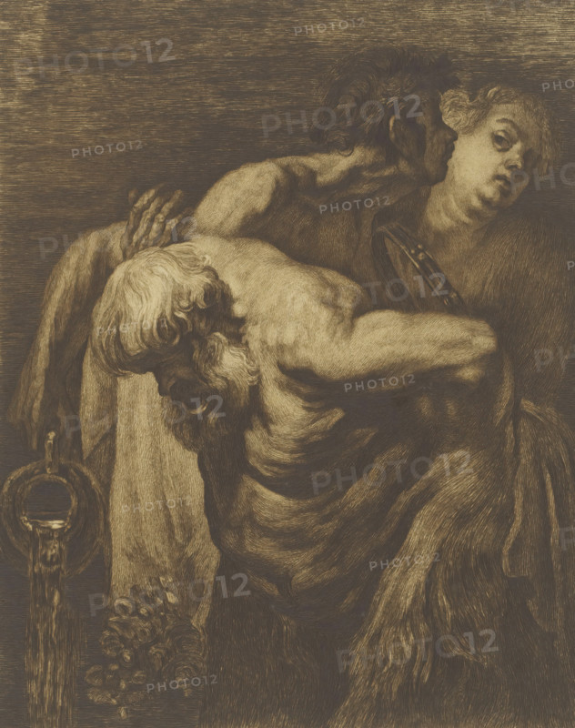 Drunken Silenus with two Bacchantes, print, inscription: 'Daprès Van Dyck, 3e état, 2 epreuves de c'est etat AD', printmaker: Alfred Florent Duriau (signed by artist), after design by Anthony van Dyck, 1887 - 1909, Alfred Florent Duriau, Anthony van Dyck, printmaker, after design by, paper, etching, intaglio printmaking technique, etching with plate tone, height 340 mm x width 284 mm, (story of) Silenus, A dark-toned engraving shows three human figures closely grouped, with a muscular back and shoulder in the foreground, a bearded head bent downward and turned to the side, and a pale-faced head with expressive eyes looking outward; one figure appears to rest an arm across another, and a hand with long fingers clasps the shoulder area. The scene is rendered with dense, directional hatch marks creating textured skin, hair, and drapery, with flowing, wavy hair on two heads and tightly curled hair on the bearded figure. A looped circular object hangs at the left edge, and a vertical column...