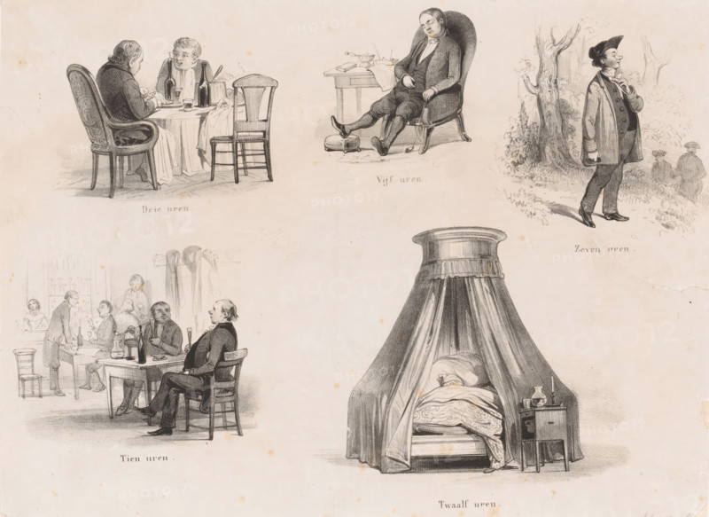 Activities of the delegates in the afternoon and evening at the synod, 1849, Proceedings of the Reformed Synod 1849, Nascitur ridiculus mus, cartoon, print, Caricature of the meeting of the General Synod of the Reformed Church in Amsterdam on July 4, 1849. Depicted are the activities of the delegates at the synod between three o'clock in the afternoon and twelve o'clock at night: eating, resting, walking, drinking, sleeping., printmaker: attributed to workshop of Carel Christiaan Antony Last, printmaker: attributed to Alexander Ver Huell, publisher: Noman & Zoon, Johan, Zaltbommel, Carel Christiaan Antony Last, Attributed to, paper, lithography, height 225 mm x width 300 mm, organizations, assemblies, etc. in Protestant churches, Amsterdam, A sheet with several charcoal or pencil vignettes arranged across it: at the top left two men sit at a small round table with bottles and glasses while another empty wooden chair stands nearby; at the top center a man in a chair reclines with legs e...