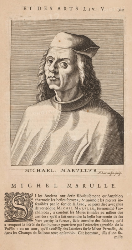 Portrait of Michael Tarchaniota Marullus, print, book illustration, printmaker: Nicolas de Larmessin (I), publisher: François Foppens, Brussels, 1682, paper, engraving, letterpress printing, letterpress text, height 181 mm x width 132 mm, height 337 mm x width 212 mm, Print used for: Bullart, Isaac. Académie des Sciences et Arts contenant les vie et éloges his. the people's illustrations show their excellence and their professions in their environment throughout their lives. Brussels: François Foppens, 1682. The book was also published in Amsterdam in 1682 by the heirs of Daniel Elzevier. Each portrait is an illustration accompanying the biography of an artist or scholar. Most of the portraits were produced by Nicolas de Larmessin (162), 93 by De Boulonois and a third by unidentified printmakers. This concerns an illustration on p. 319, part II., Person, Michael Tarchaniota Marullus, historical persons, portrait of a writer, A sepia-toned engraved portrait of a man shown from the chest...
