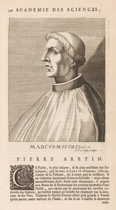 Portrait of Marcus Musurus, print, book illustration, printmaker: Nicolas de Larmessin (I), publisher: François Foppens, Brussels, 1682, paper, engraving, letterpress printing, text in letterpress on verso, height 184 mm x width 134 mm, height 337 mm x width 205 mm, Print used for: Bullart, Isaac. Académie des Sciences et Arts contenant les vie et éloges his. the people's illustrations show their excellence and their professions in their environment throughout their lives. Brussels: François Foppens, 1682. The book was also published in Amsterdam in 1682 by the heirs of Daniel Elzevier. Each portrait is an illustration accompanying the biography of an artist or scholar. Most of the portraits were produced by Nicolas de Larmessin (162), 93 by De Boulonois and a third by unidentified printmakers. This concerns an illustration on p. 324, part II., Person, Marcus Musurus, historical persons, portrait of a writer, scholar, philosopher, A portrait engraving of a man shown in profile facing l...
