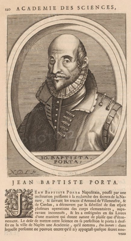 Portrait of Giambattista della Porta, print, book illustration, printmaker: Nicolas de Larmessin (I), publisher: François Foppens, Brussels, 1682, paper, engraving, letterpress printing, letterpress text, height 189 mm x width 139 mm, height 320 mm x width 200 mm, Print used for: Bullart, Isaac. Académie des Sciences et Arts contenant les vie et éloges his. the people's illustrations show their excellence and their professions in their environment throughout their lives. Brussels: François Foppens, 1682. The book was also published in Amsterdam in 1682 by the heirs of Daniel Elzevier. Each portrait is an illustration accompanying the biography of an artist or scholar. Most of the portraits were produced by Nicolas de Larmessin (162), 93 by De Boulonois and a third by unidentified printmakers. This concerns an illustration on p. 120, part II., Person, Giambattista della Porta, historical persons, scholar, philosopher, An engraved oval portrait of a man shown from the chest up, wearing a...