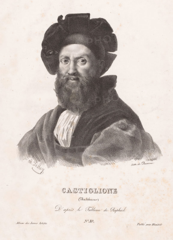 Portrait of Baldassare Castiglione, Castiglione (Balthasar), print, Series number, 10, printmaker: Adolphe Le Roy, after painting by Rafaël, printer (person): Pierre François Ducarme, Paris, publisher: Blaisot, 1826, Raphael, printer (person), paper, lithography, height 290 mm x width 214 mm, Print used for: Album des jeunes artistes, 1826., Person, Baldassare Castiglione, historical persons, A monochrome portrait of a bearded man shown from the chest up wearing a dark voluminous head covering and layered robes, his face turned slightly toward the viewer with visible eyes, nose, mouth, and textured facial hair, rendered with fine stippling and shading on a light speckled background.