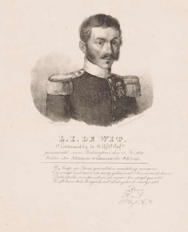 Portrait of Lieutenant LJ de Wit, print, The sitter is wearing a uniform with a knightly order. Below the portrait is his name and a four-line caption by H. v. L., printmaker: L. Eymaal, printer (person): Langenhuysen, The Hague, in or after 1830, printer (person), paper, lithography, lithografie, height 280 mm x width 225 mm, height 340 mm x width 250 mm, Bottom left of the portrait: 'gedr. Eymaal'. This suggests that Eymaal is the printer. According to van Someren, the print is 'by Eymaal at Langenhuijsen'. Eymaal may possibly have been in the service of Langenhuijsen. Eymaal could also refer to 'L. Eymaal', a printer in Utrecht in 1836 and 1837., Person, LJ de Wit, historical persons ((full) bust portrait), knighthood order, A monochrome portrait drawing of a man shown from the chest up wearing a dark military jacket with light-colored high collar and shoulder epaulettes with fringes, a small medal pinned to his chest, short dark hair with sideburns and a thin mustache, a neutral fa...